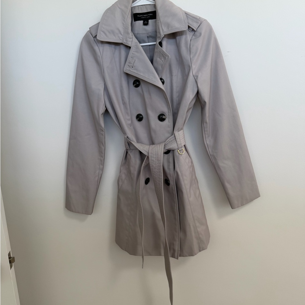 Marc New York Light Gray / Tan Double-Breasted Classic Minimalist Trench Coat - Picture 15 of 16